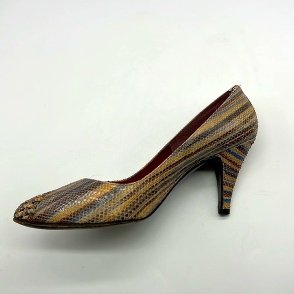 Stuart Weitzman - Vintage Leather Brown & Blue Snakeskin Leather Heels Size 8.5 - Picture 7 of 16